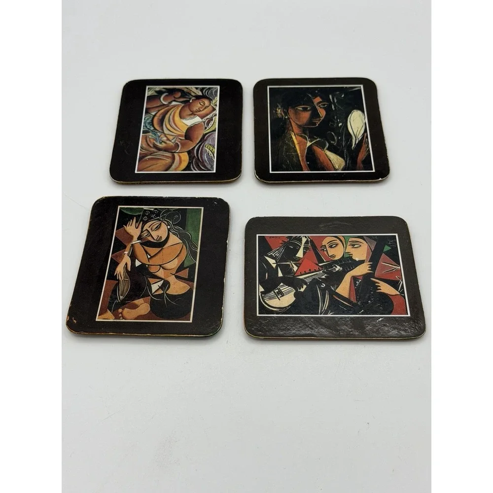 George Keyt Art Coasters Set of 7 Vintage Sri Lanka Cubist Krishna Gopis